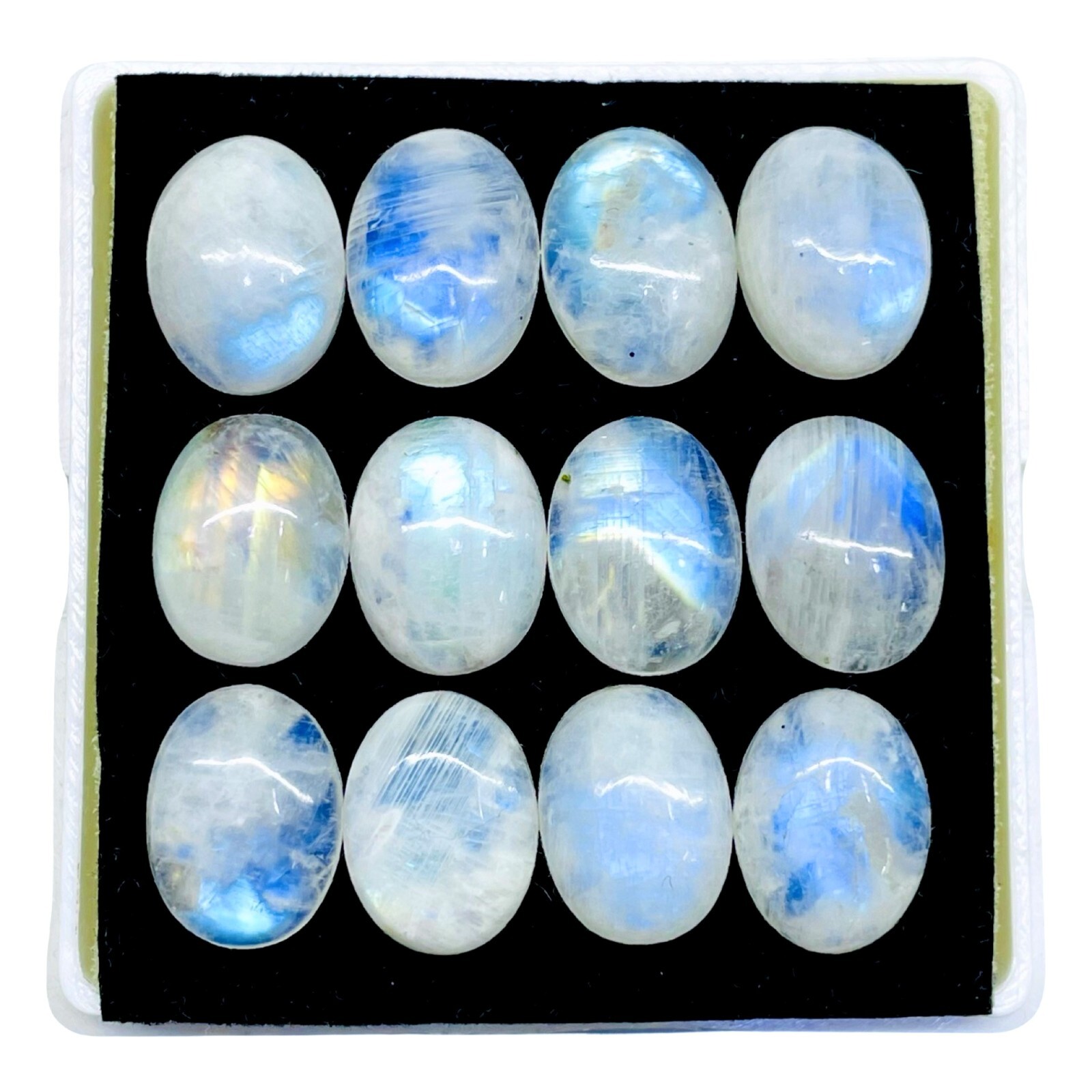 12 Pcs Natural Rainbow Moonstone 16x12mm Oval Blue Shines Cabochon Gemstones Lot