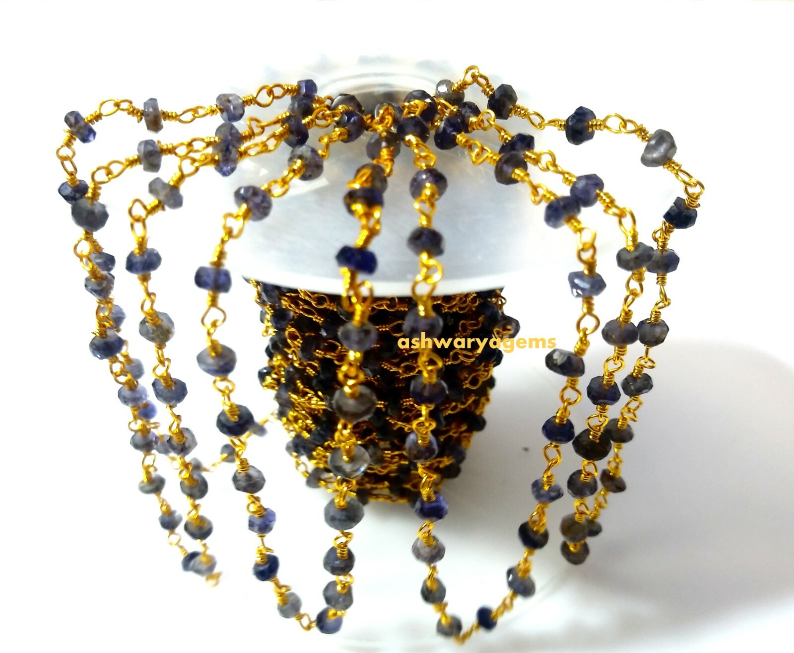 Beaded Chain Iolite Roundelle Faceted 3-4mm Rosary 3 Feet 24k Gold Plated Beads