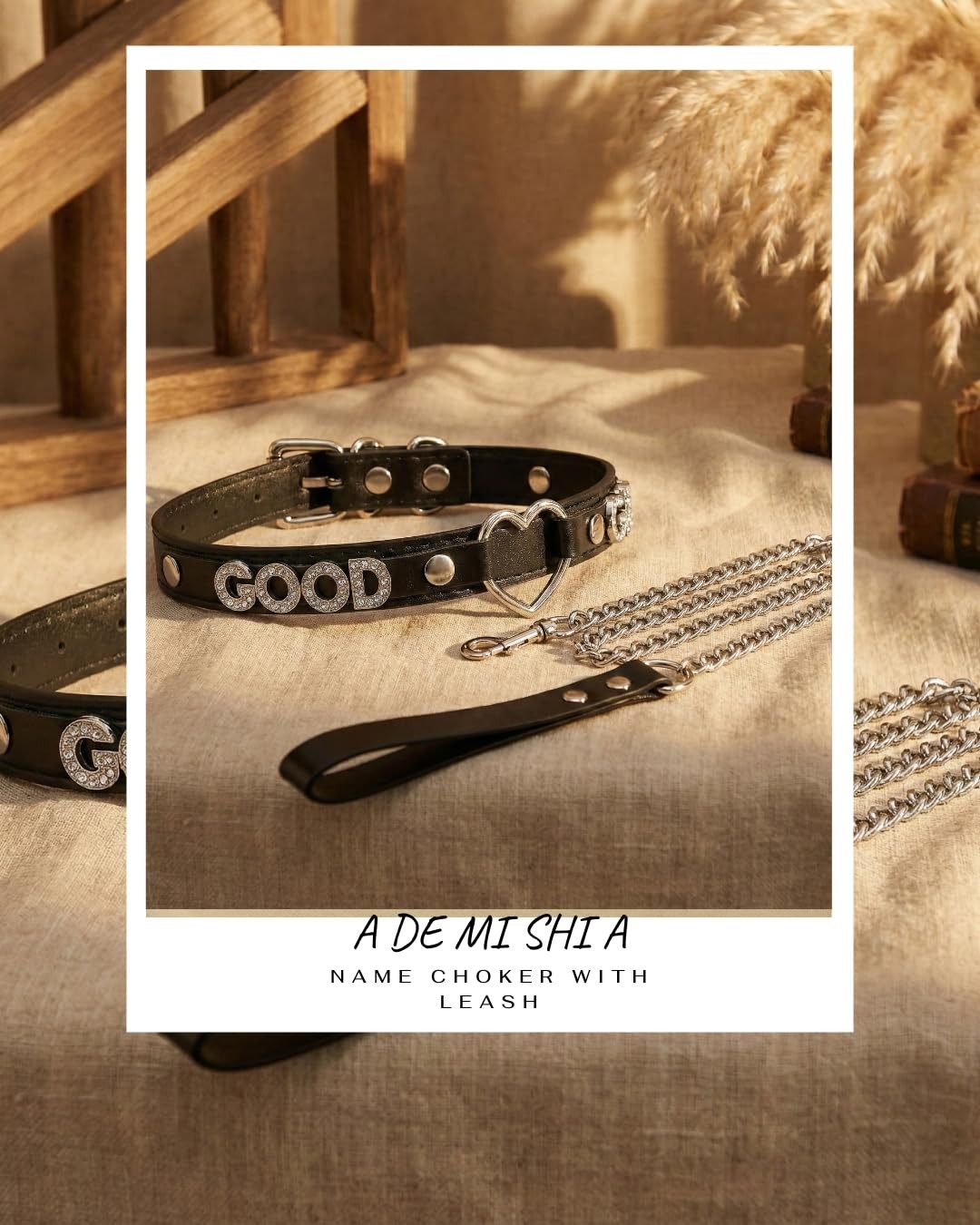 Black Heart O Ring Leather Choker Collar and 38 Aluminum Chain Leash Made of