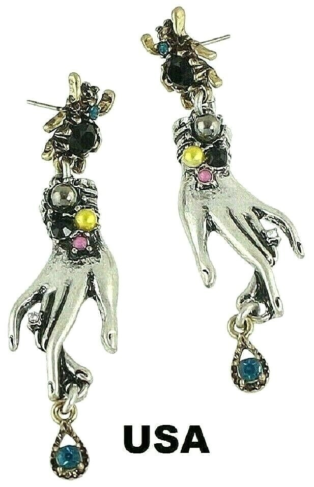 US Seller Betsey Johnson Retro Rhinestone Spider Water Drop Hand Earring Jewelry