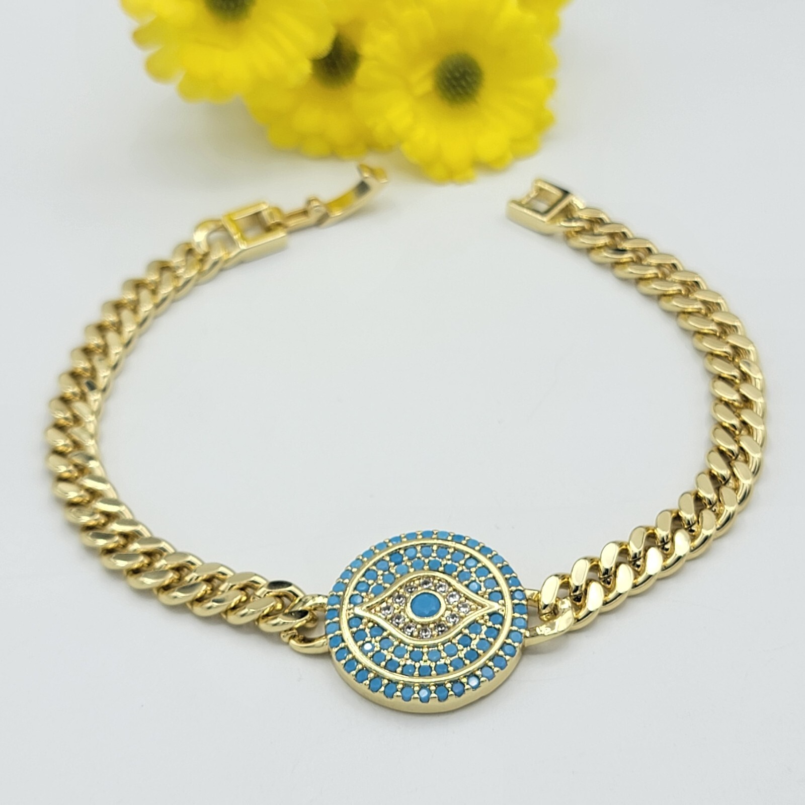 14K Gold Plated Blue Crystals Evil Eye Bracelet. Curb Link Chain. Amulet.
