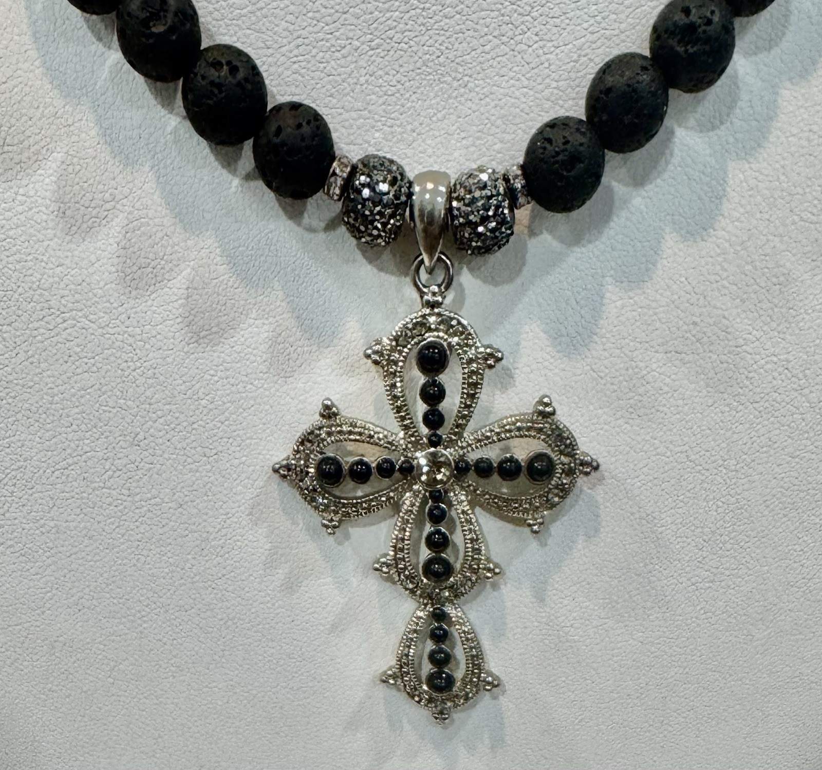 natural lava stone beads Necklace With Large Cross , 17”+2” Extender, Handmade