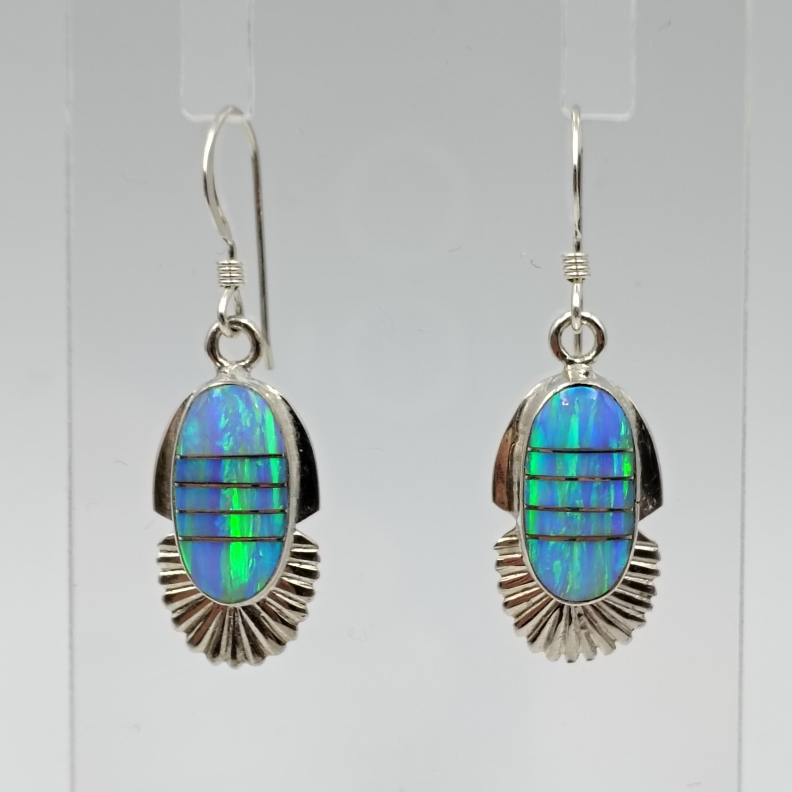 Roger Skeet Navajo Sterling Silver 925 Lab Opal Inlay Dangle Earrings