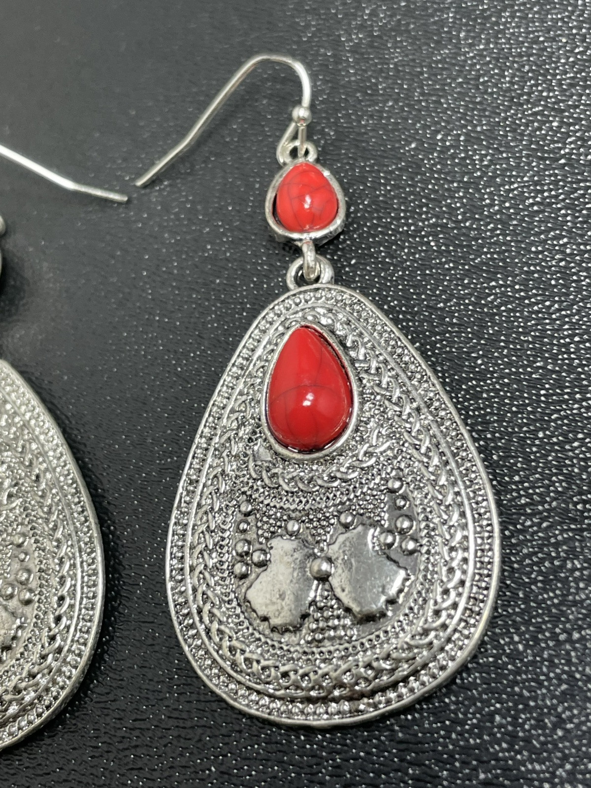 Vintage 2.5” Bohemian Faux Red Turquoise Dangle Earrings
