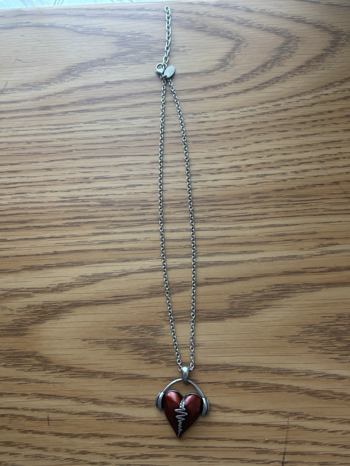 Silver Tone Cable Chain Necklace Red Heart Charm Pendant Love Music Theme