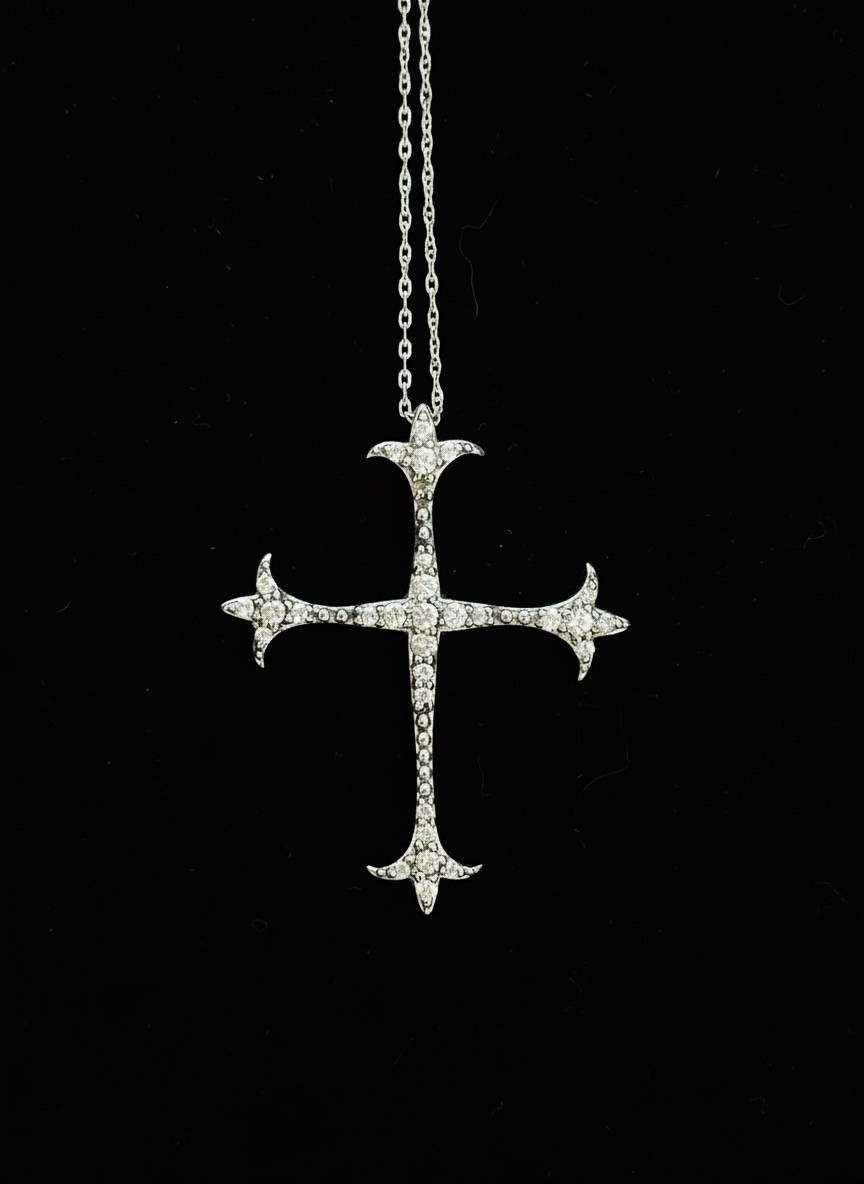 GABRIEL & CO .925 SILVER WHITE SAPPHIRE CROSS PENDANT 10K WHITE GOLD CHAIN 20″