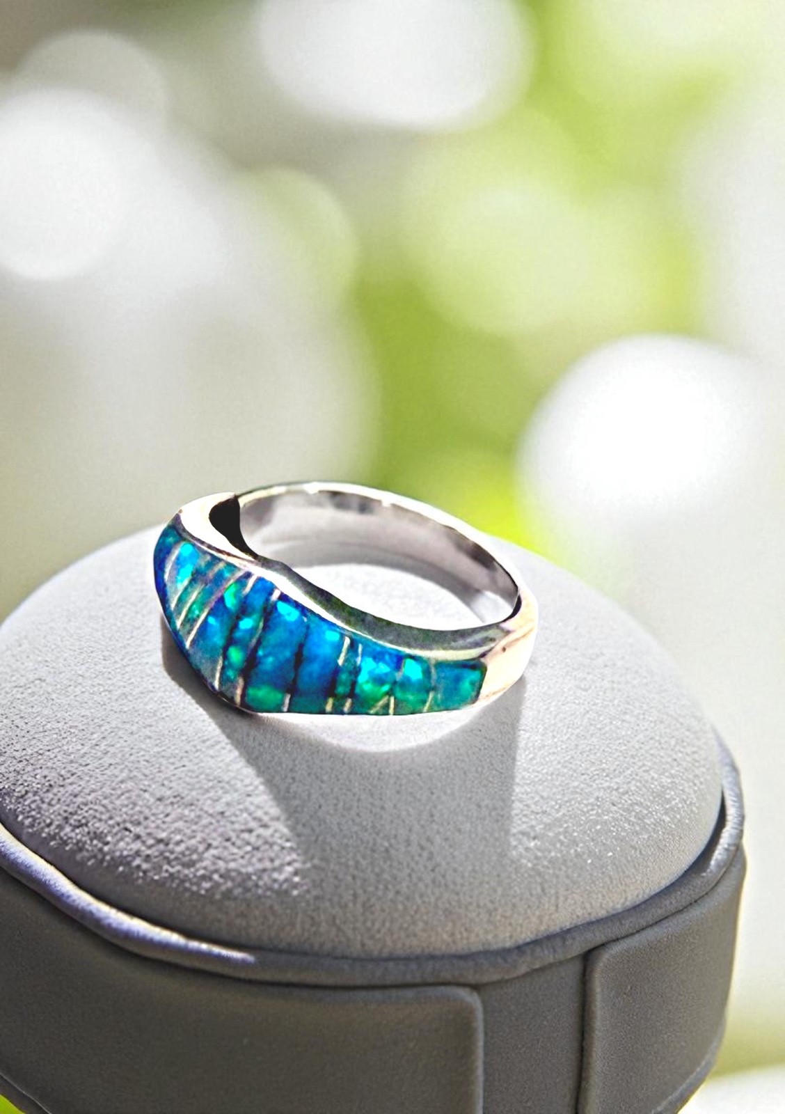 Sterling Silver Inlay Blue Lab Created Opal Band Ring Size 8-1/2
