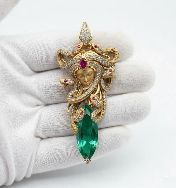 Lab-Created Emerald 4.50Ct Marquise Cut Medusa Pendant 14K Yellow Gold Plated
