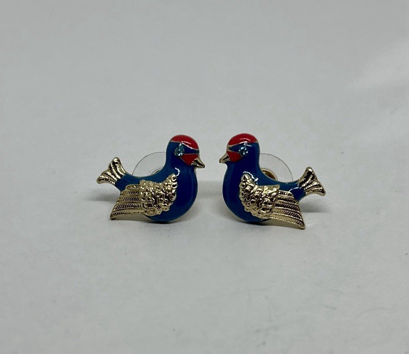 Vintage Gold Tone Enamel Blue and Red Bird Stud Earrings