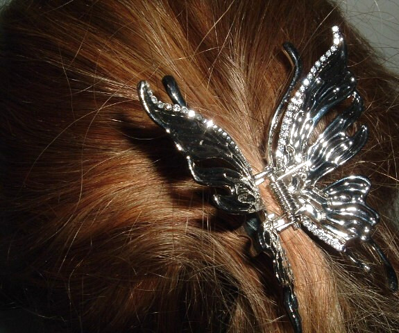 Art Nouveau Large Silvertone Butterfly Hair Claw Clip NWT