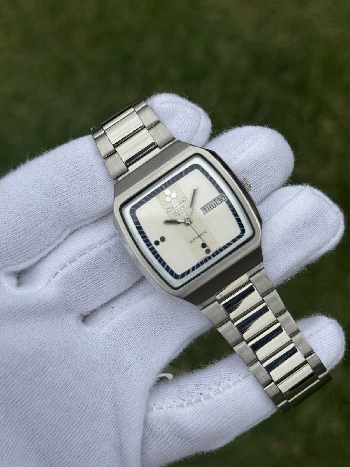 Vintage Seiko 5 Automatic 6309 Mens WristWatch Silver TV Dial Day Date Japan 21J