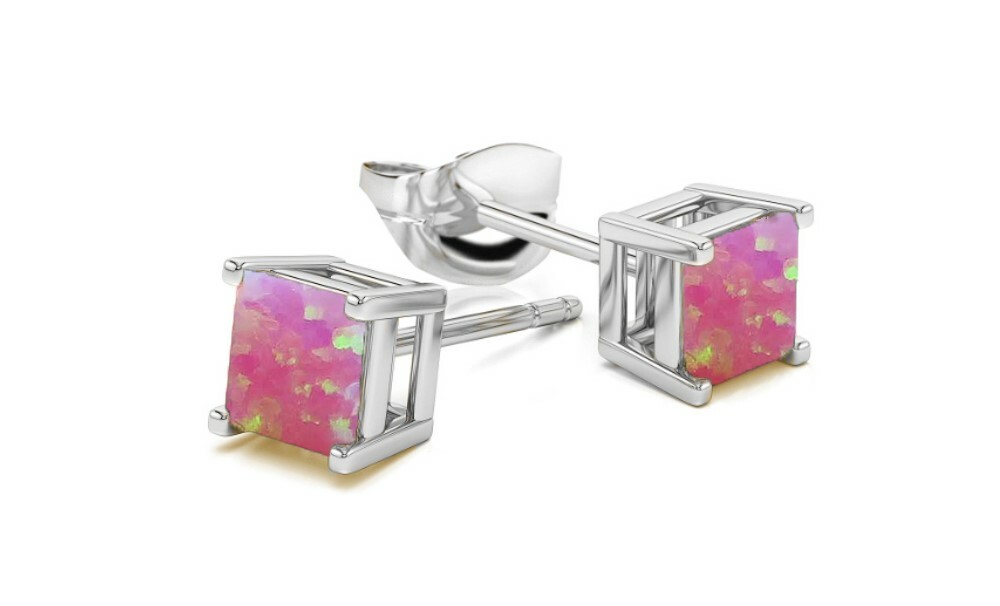925 Silver Charm Blue & white Fire Opal Square Cut Earrings Stud Women Jewelry