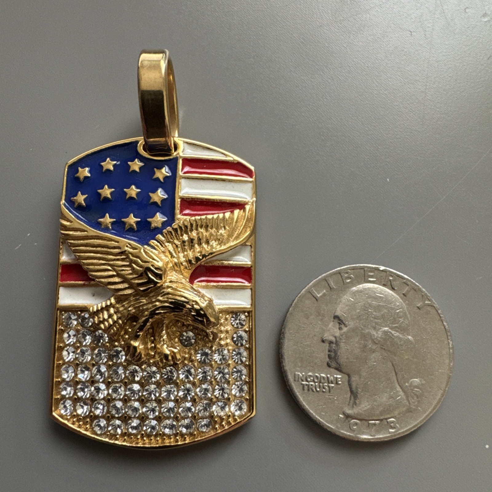 U.S.A America Flag Pendant Cubic Zirconia Stainless Steel 24” Chain Eagle Gold