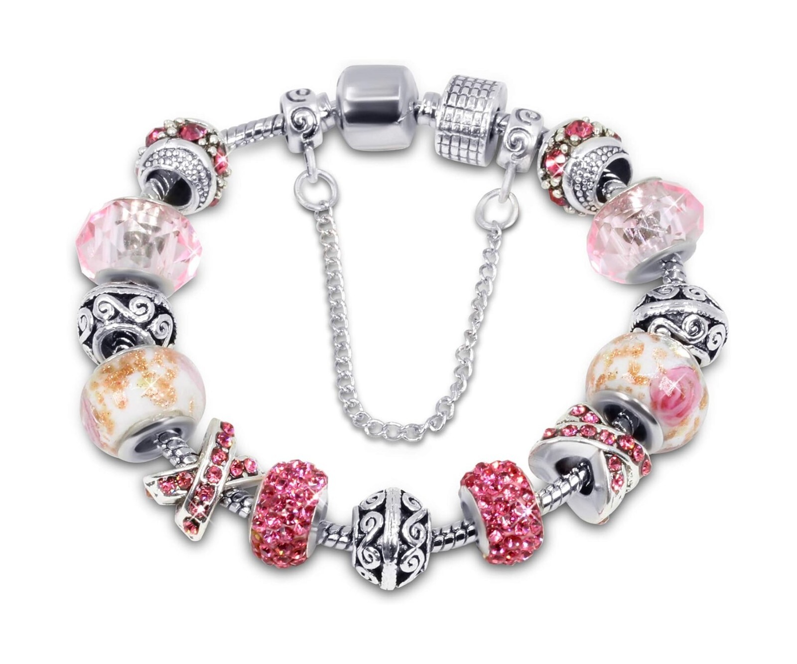 18K White Gold Plated Pink Crystal Charm Bracelet Made with Swarovski Elements