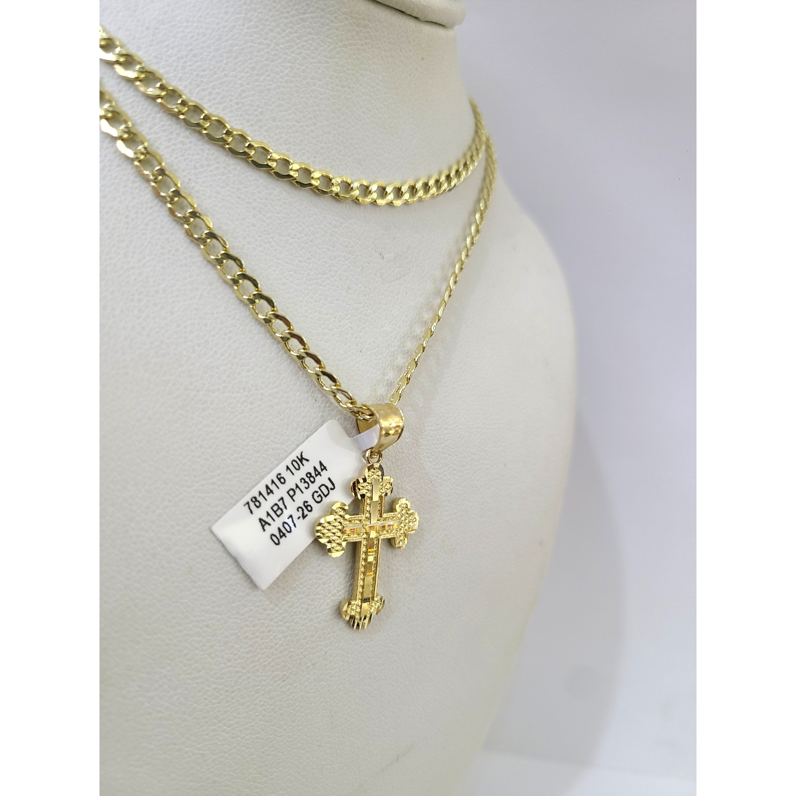 10K Gold Cuban Curb Link Chain Necklace Christ Cross Pendant Set 3mm 18″–24″