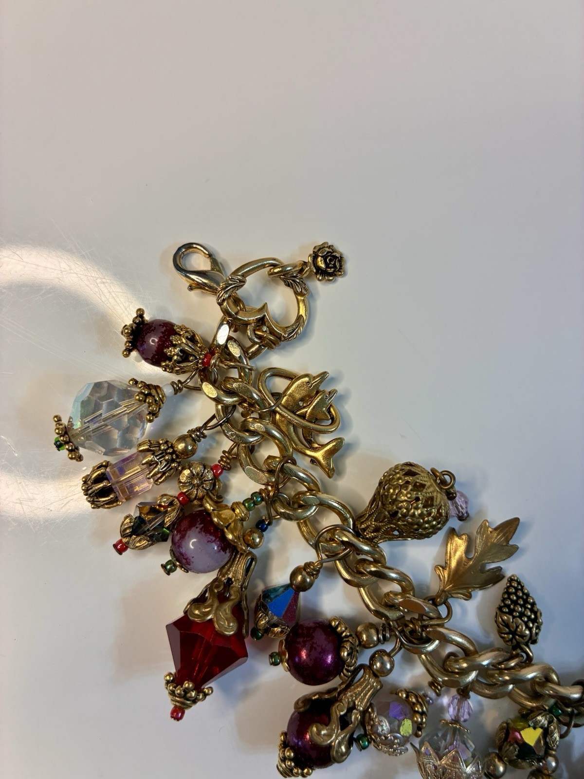 Gold Tone Cable Chain Charm Bracelet Toggle w/ Crystal Dangle Leaf Charms