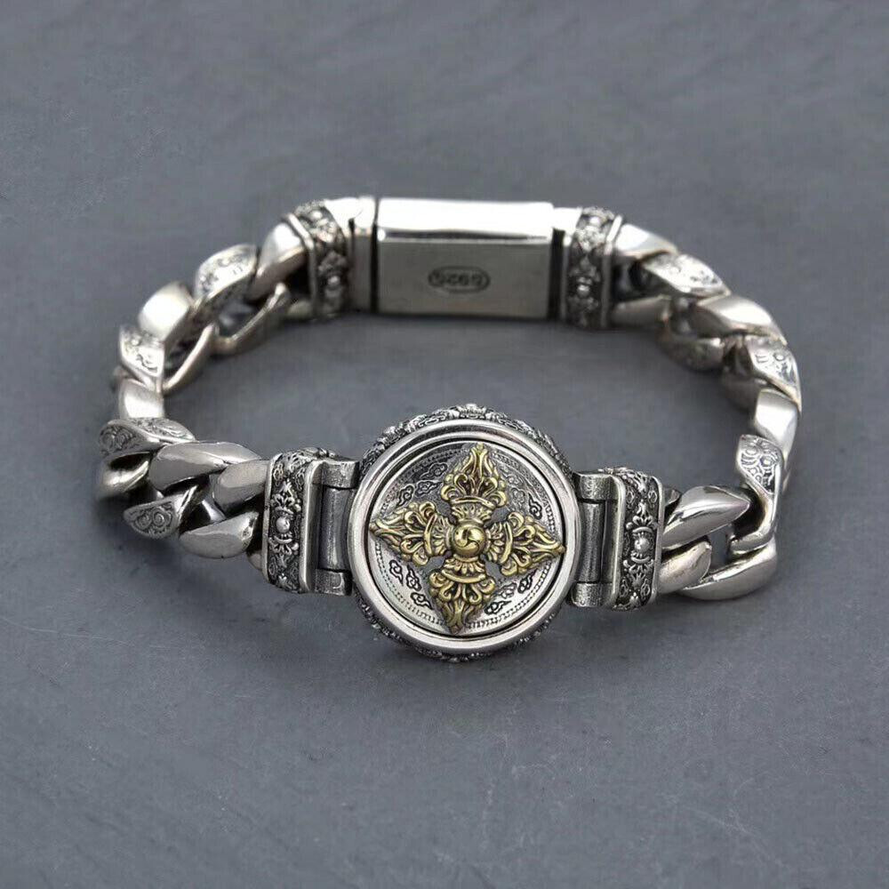 Pure S925 Sterling Silver Chain 11mm Round Vajra Curb Link Bracelet 7.1-8.7inch