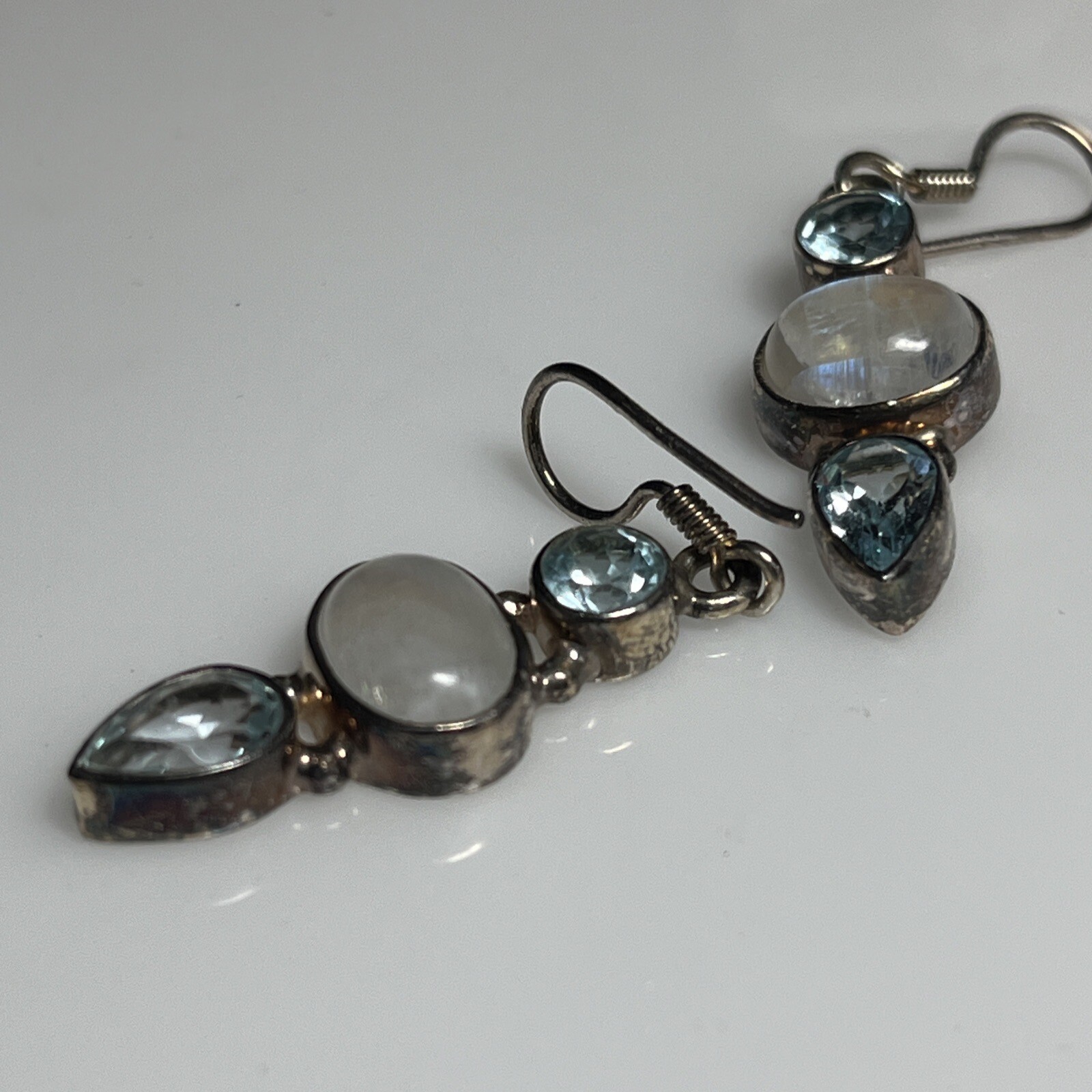 Moonstone and Faceted Blue Topaz 925 Sterling Silver 3-Gem Dangle Earrings 8a