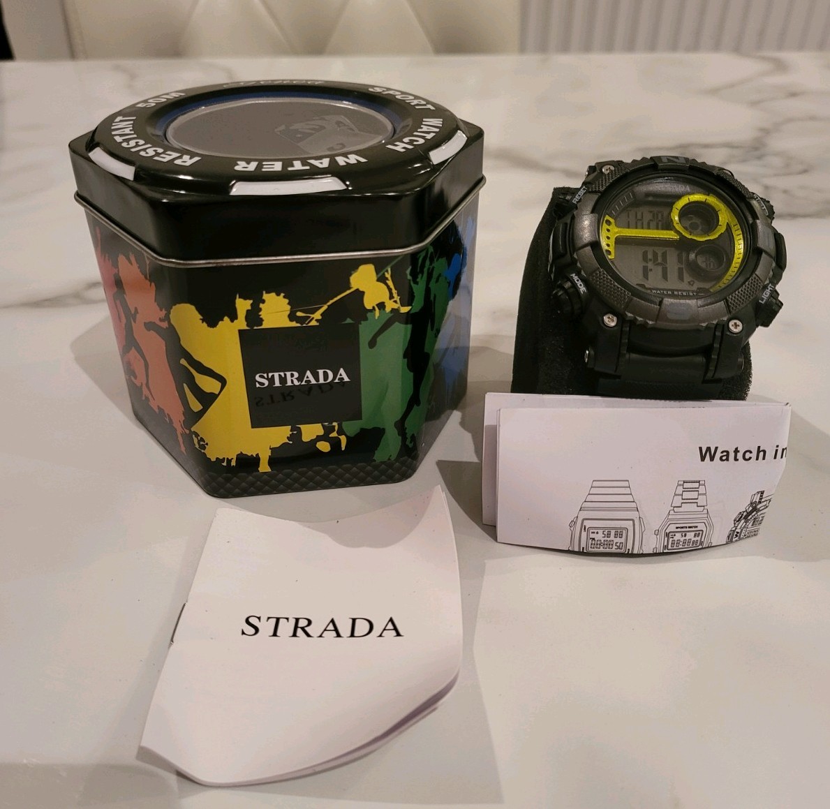 ​Strada Digital Sport Watch Black Case Yellow Detail Mens Wristwatch New in Tin