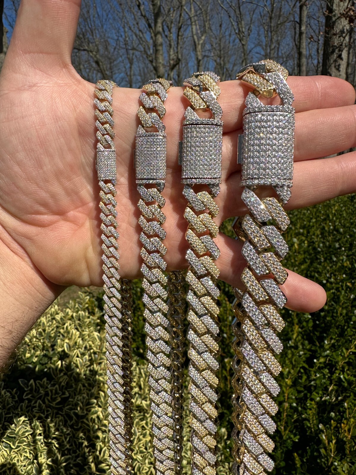 MOISSANITE Real Miami Cuban Link Prong Chain Ice Gold Plated 925 Silver Necklace