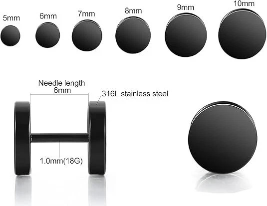 Aretes Para Hombre Y Mujer Stud Negros Ronda Acero Inoxidable 6 Pares 5Mm-10Mm