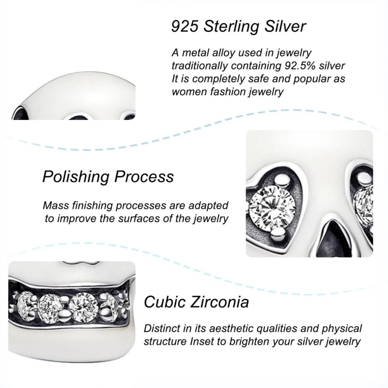 CZ WHITE SKULL GLOW IN THE DARK STERLING SILVER BRACELET CHARM BEAD & POUCH!