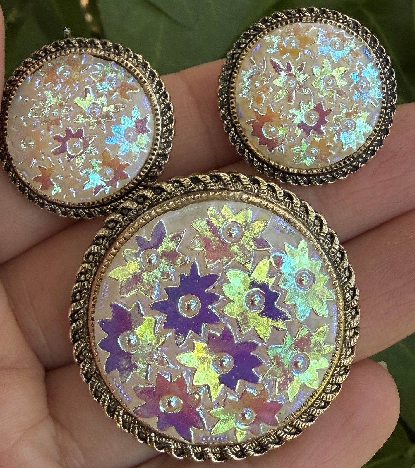 WEST GERMANY molded glass ab star clip Earrings Scarf clip vintage jewelry set