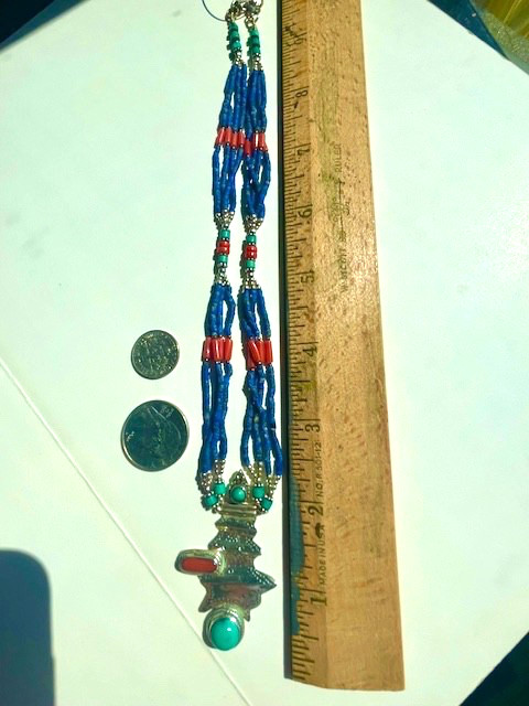 Vintage Sterling Nepalese Necklace Turquoise, Lapis Coral 17.0″ Length 24 gms