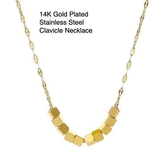14K Gold Plated Stainless Steel Geometric Cube Clavicle Necklace Gold Minimalist