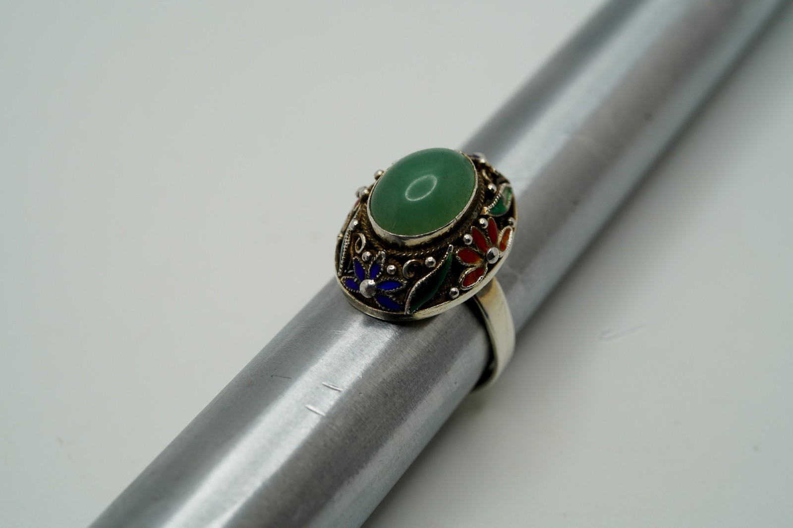 Vintage Chinese Export Sterling Silver Jade Enamel Adjustable Ring JB44