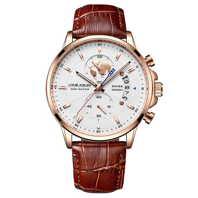 Men Genuine leather Watch Stainless Quartz Multi-functional Classic Wristwatch