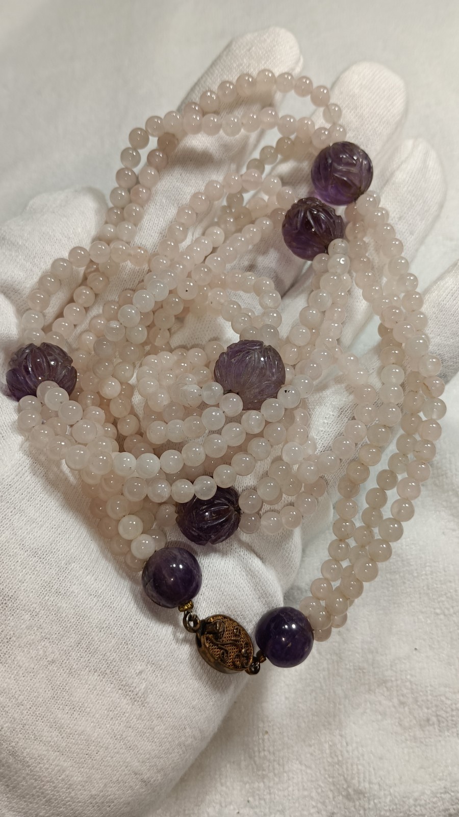 Vintage Chinese Rose Quartz Carved Amethyst Stone Beaded Necklace Silver Clasp