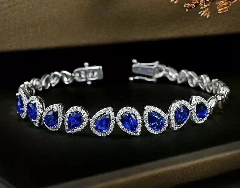 10Ct Pear Cut Lab-Created Blue Tennis Bracelet 14K White Gold Plated