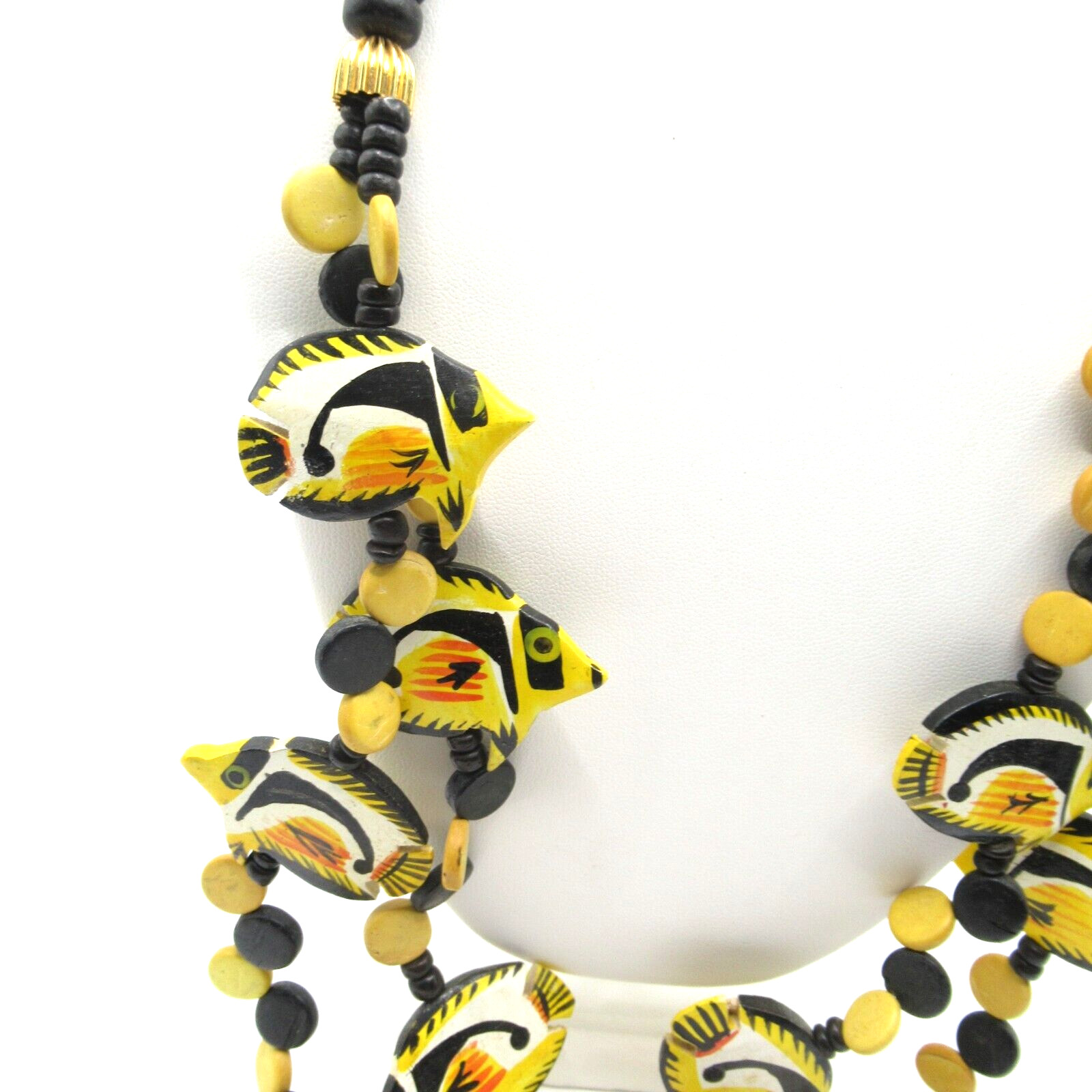 Vintage Wood Carved Fish Necklace Colorful Black Yellow Red Tribal