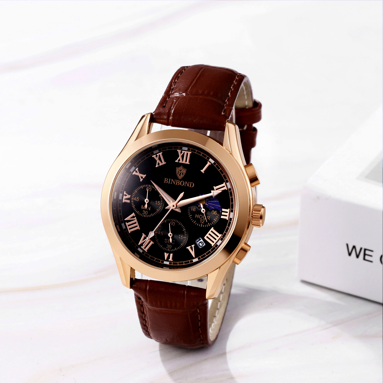 Men’s Waterproof Chronograph Dial Leather Band Causal Analog Quartz Date Watch