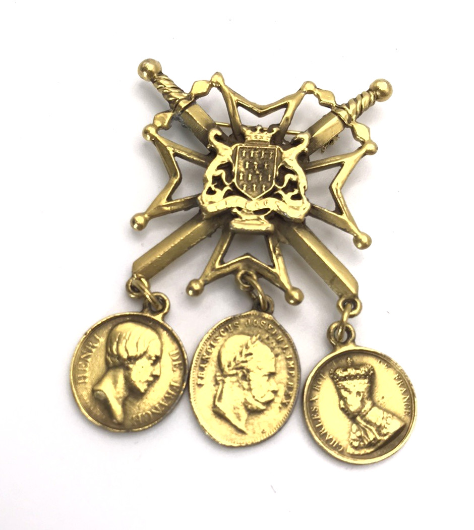 Vintage Coat of Arms With Crossing Swords Crest Coins Brooch Pin Viribus Unitis