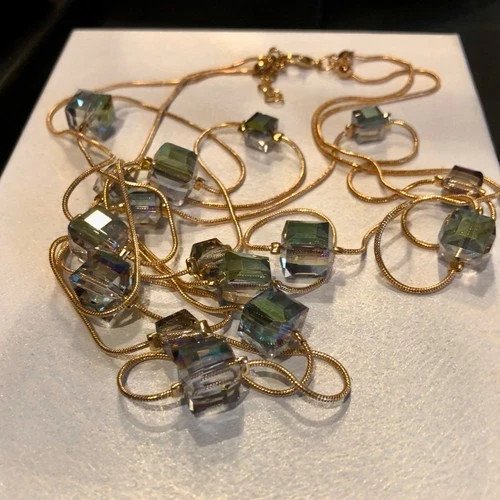 14k Gold Plated Long Sweater Necklace Made Simulated Diamond Aurora Borealis