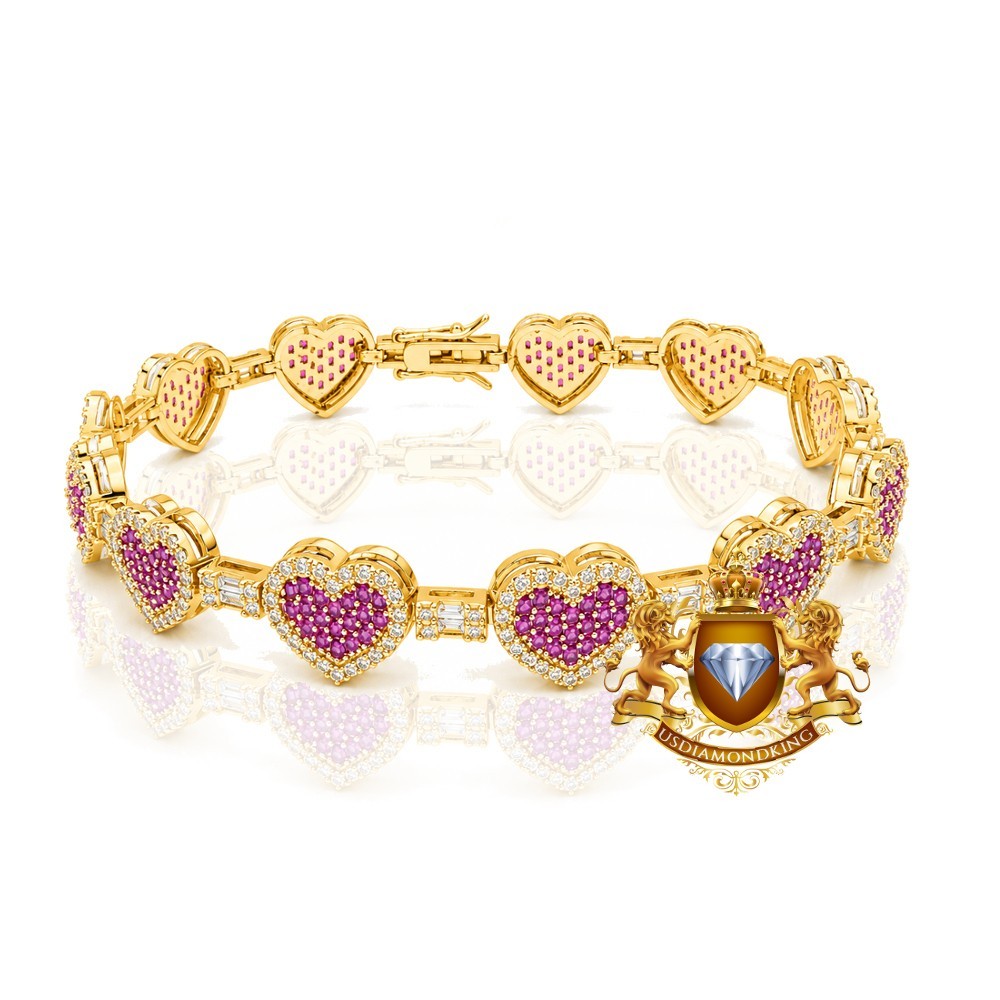 VVS1/D 6.78 Ctw. 14K Gold Bonded Pink Tourmaline Heart Love Bracelet 18mm/8.5″