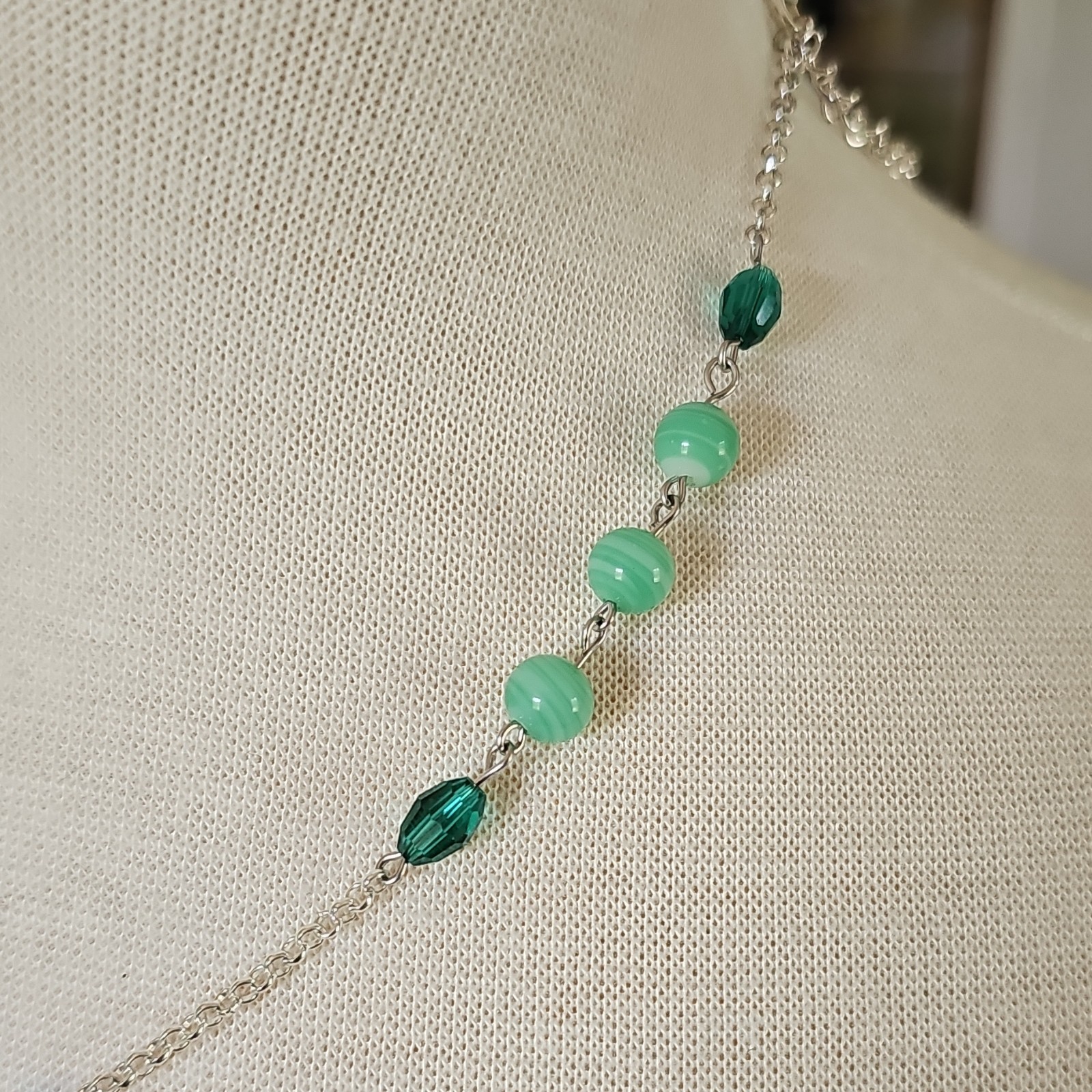 Assemblage Necklace Vintage Czech Glass Beads Malachite Cab Pendant Silver Tone