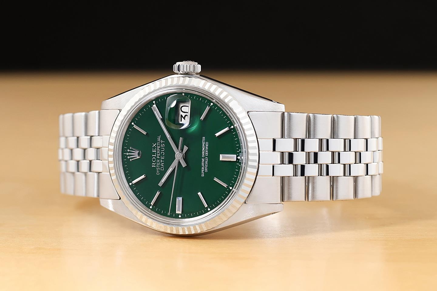 ROLEX DATEJUST 1601 GREEN DIAL 18K WHITE GOLD STEEL FOLDED BRACELET WATCH