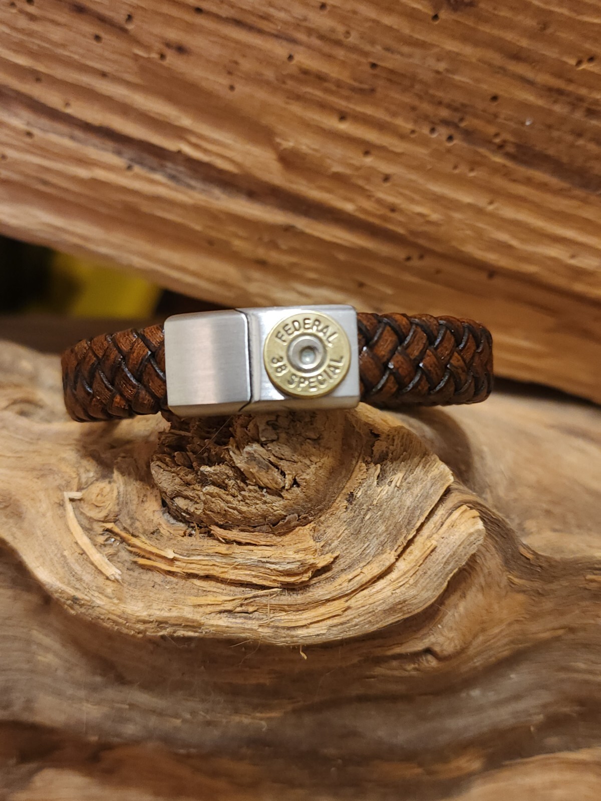 Vintage Coffee Brown Leather Bullet Bracelet. Optional Crystal.