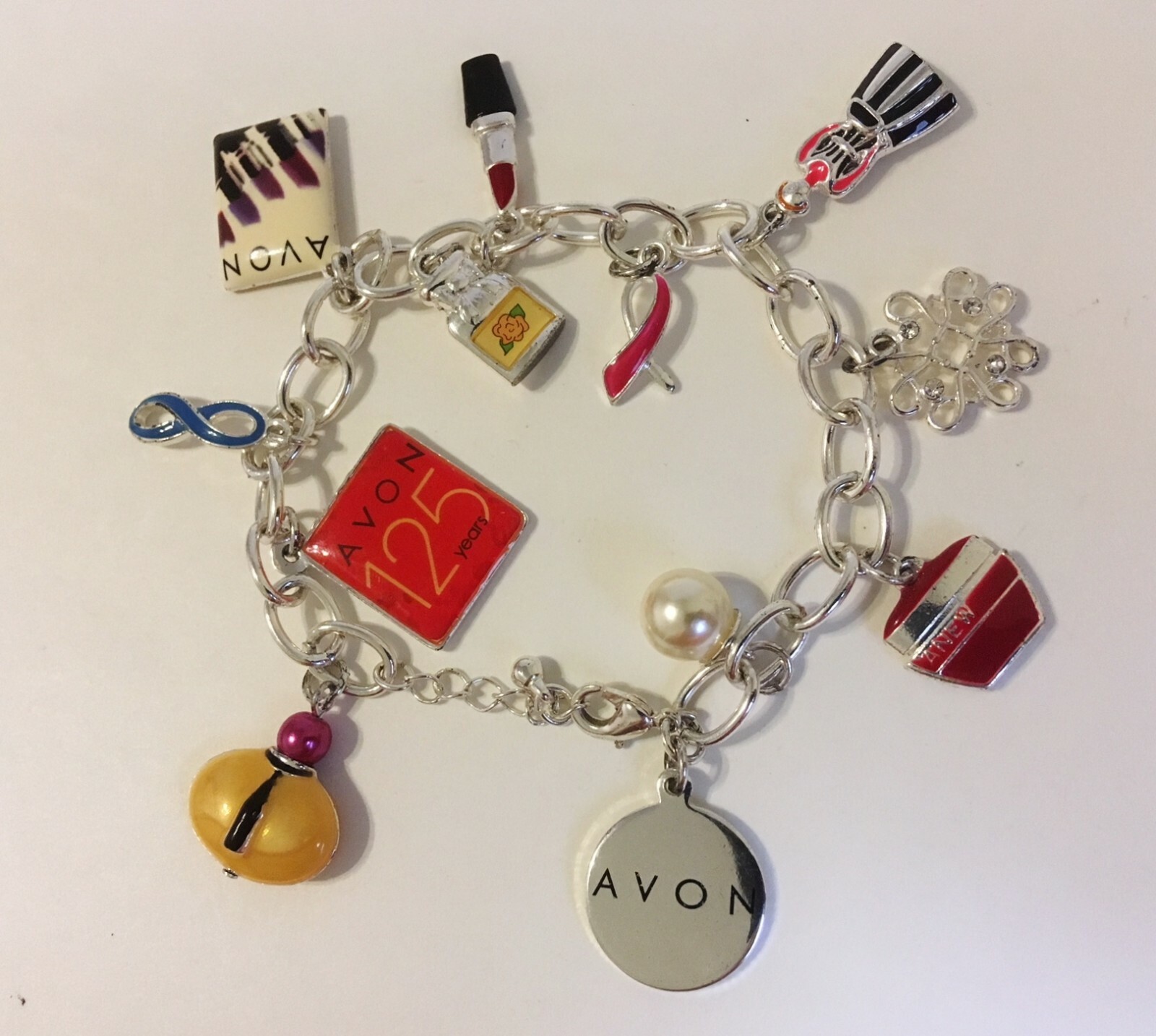 Avon 12 Charms Bracelet Silver Metal Link Chain 125 Years Anniversary Lipstick