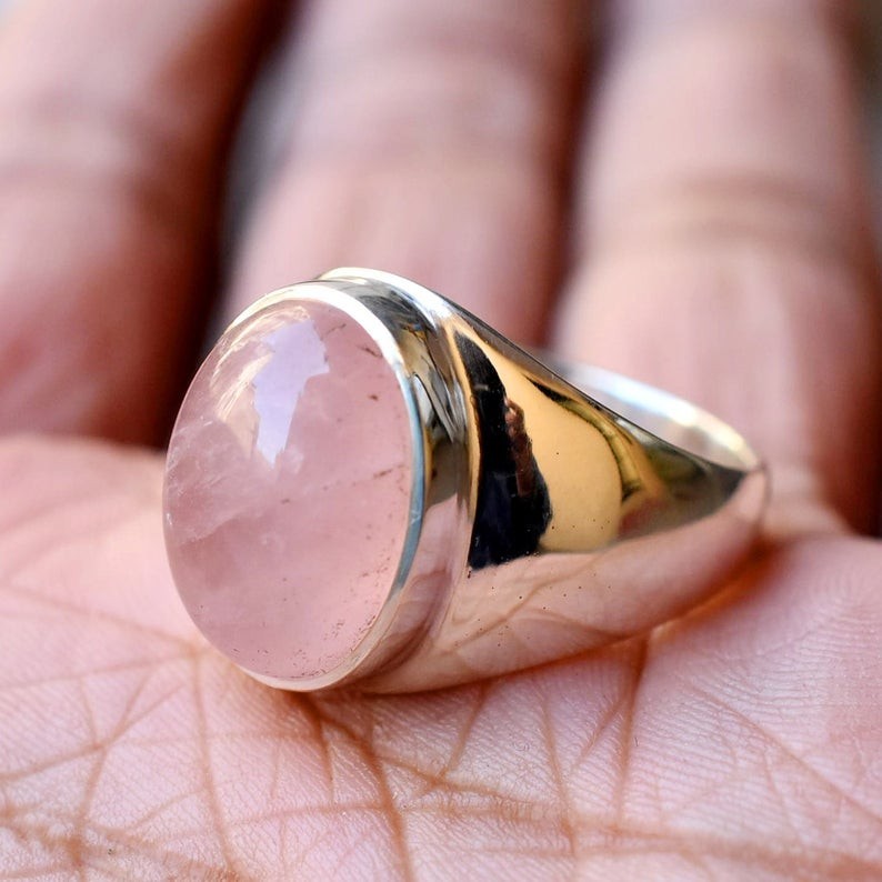 Solid 925 Sterling Silver Natural Rose Quartz Gemstone Signet Men’s Unisex Ring