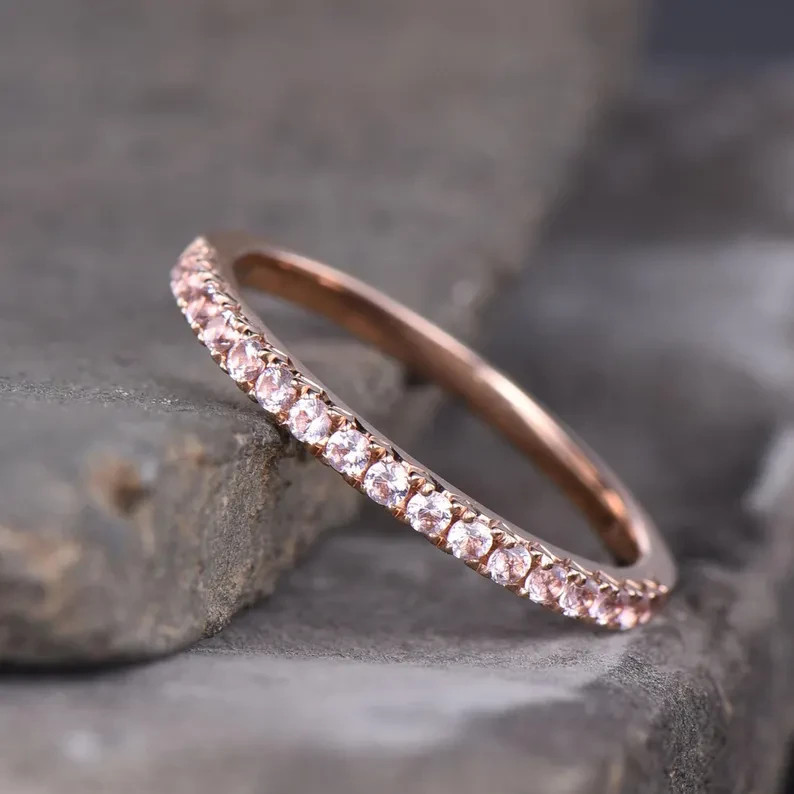 14K Rose Gold Plated Round Cut Morganite Stackable Half Eternity Band Ring