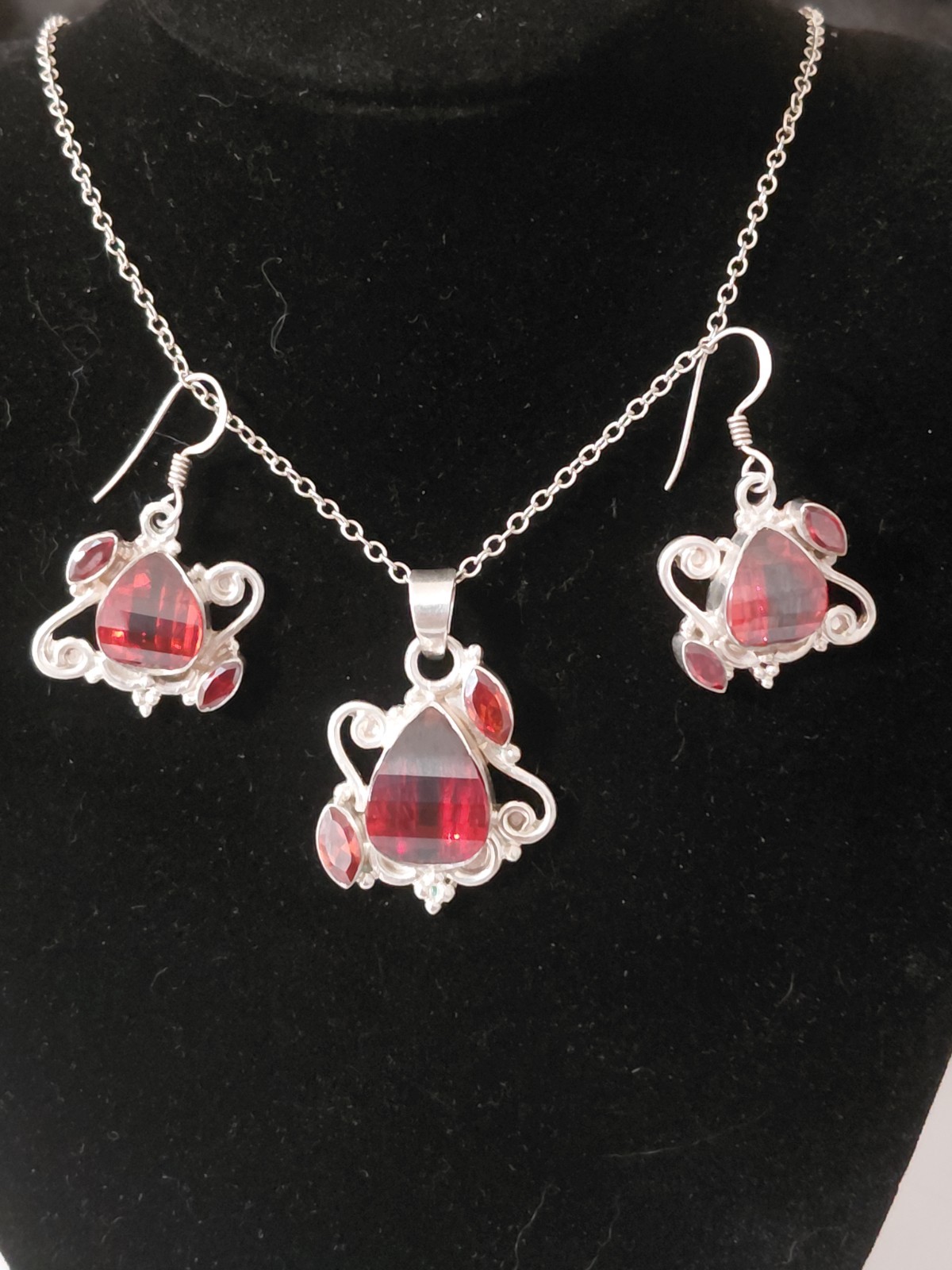Hessonite Garnet Necklace And Earrings Artisan Set: Sterling Silver 925 W/ 19g