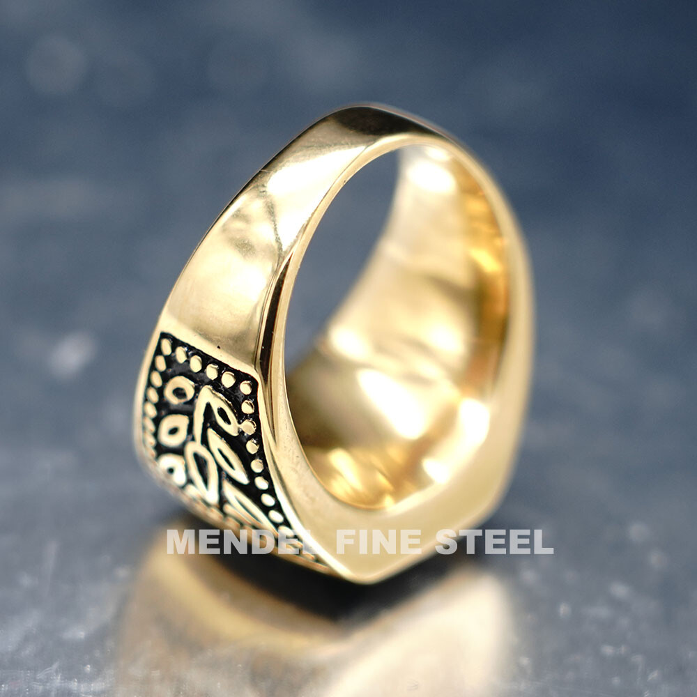 MENDEL Mens Gold Plated Stainless Steel Black Obsidian Stone Ring Men Size 7-15