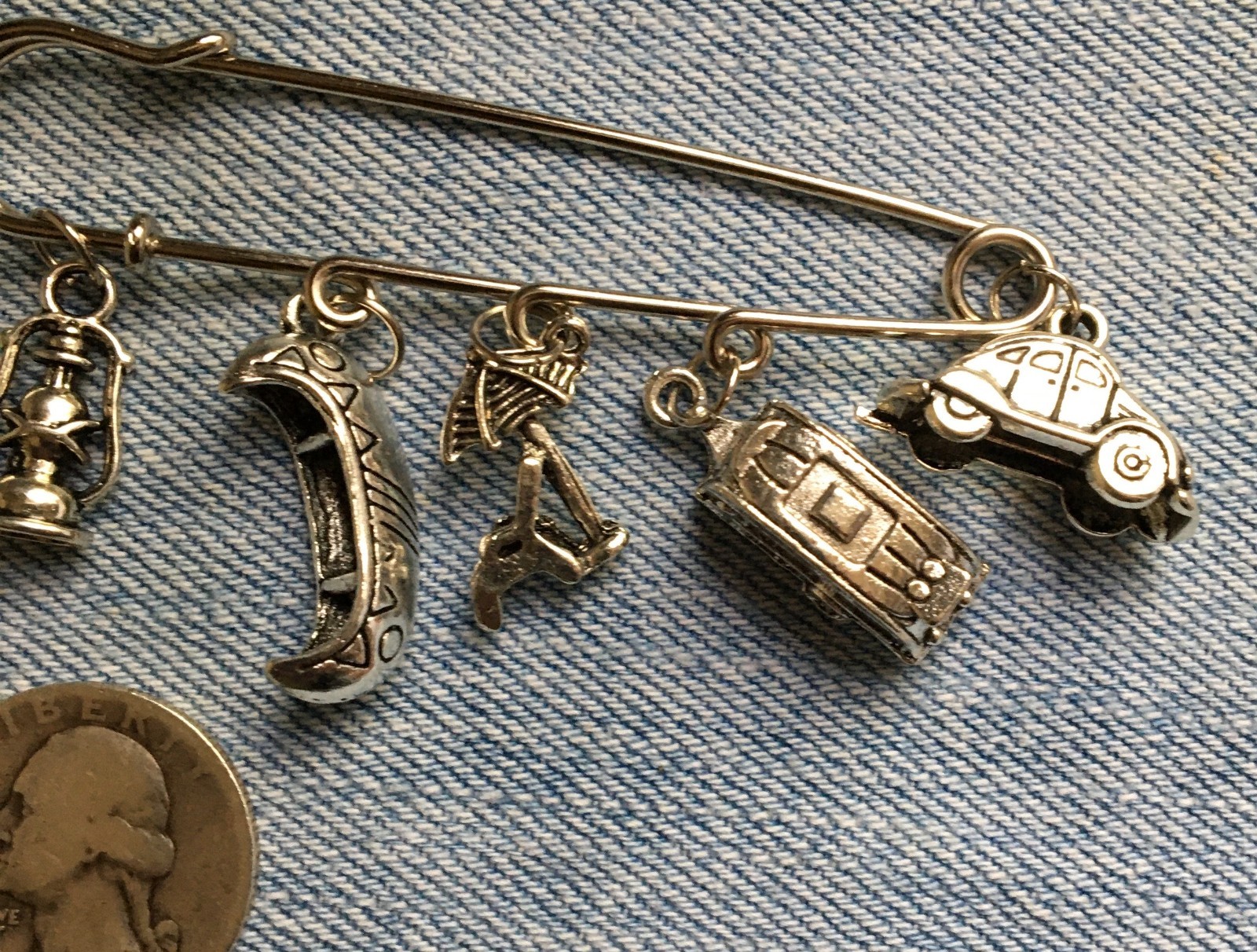 3″ BIG SAFETY PIN w/ CAMPING THEME CHARMS – Hanging Canoe Lantern VW w/ Trailer+