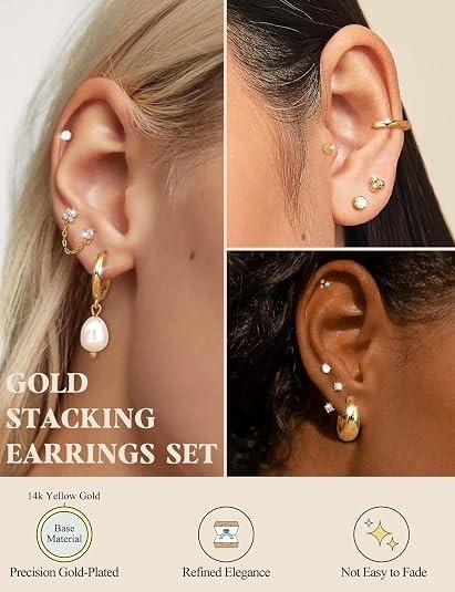 Flat Back Hypoallergenic Surgical Steel Earrings – 20G Gold Plated Stud Set