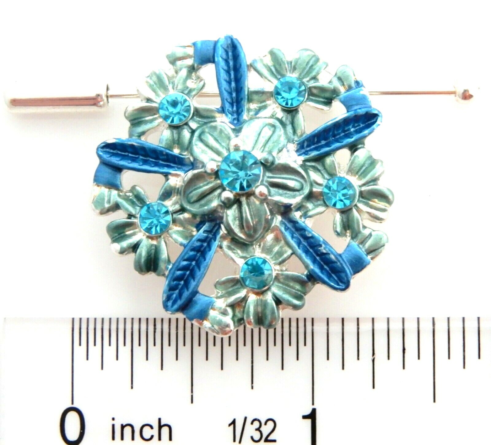 Aquamarine Blue Crystal Rhinestone Enamel Flower 2.5 Inch Brooch Scarf Pin