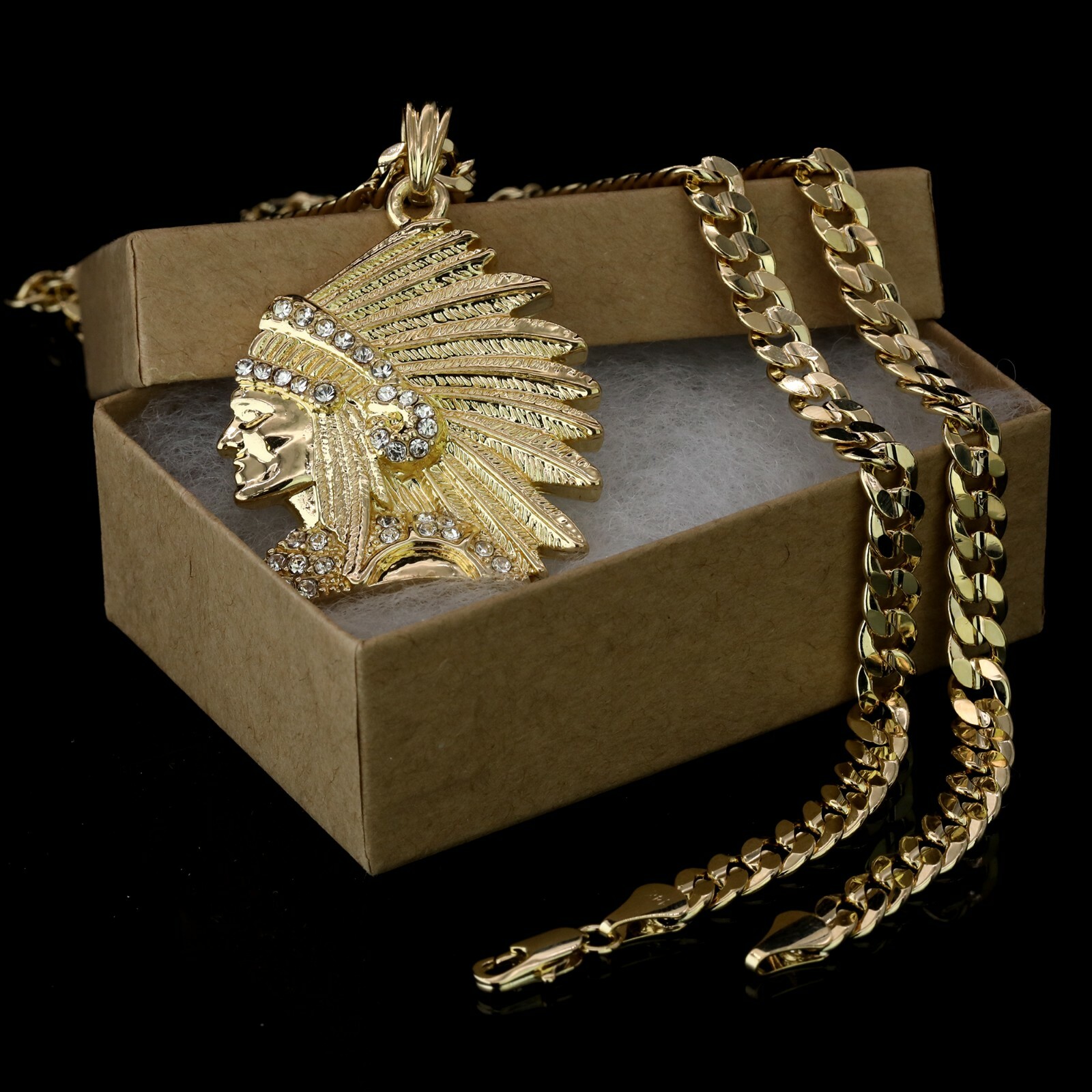 Indian Head Cubic Zirconia 14k Gold Plated Pendant 24″ Cuban Link Chain Hip Hop